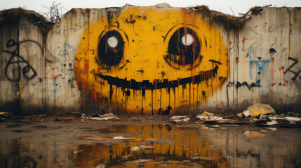 Obraz na płótnie Canvas Graffiti emoticon smiling face painted spray on wall. Grunge street art with yellow smiley emoji 
