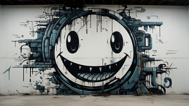 Naklejki Graffiti emoticon smiling face painted spray on wall. Grunge street art with black smiley emoji 