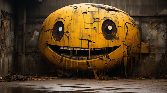 Naklejki Graffiti emoticon smiling face painted spray on wall. Grunge street art with yellow smiley emoji 