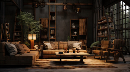 Living room with sofa and plant, modern rustic style, 3d render, 
