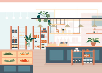 Vector illustration of store interior design and layout. Shelves and racks with carefully laid out different categories of products and interior items. Calm atmosphere in a small grocery store.