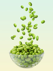 Delicious edamame soybeans falling into bowl on color background