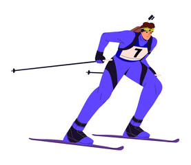 Professional sportsman goes cross country skiing. Athlete carrying equipment for rifle shooting. Skier with sticks rushing in biathlon race. Winter sport. Flat isolated vector illustration on white