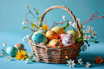 Wicker basket with flowers and easter eggs on light blue background
