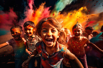 Group of excited children celebrating a holi party