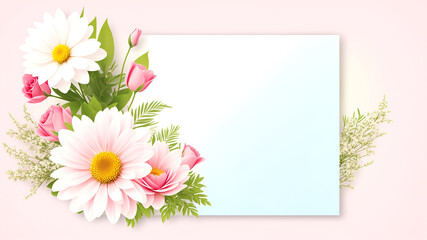Bouquet of pink and white flowers arranged in a vase on a pink background. The copy space is large enough to accommodate a variety of text