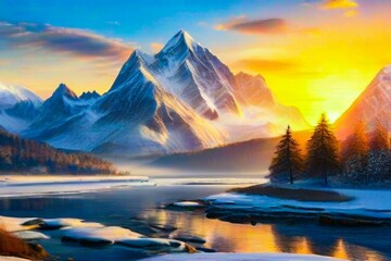 Fototapeta na wymiar Snow mountain range at sunset with foggy weather. lake in the mountains. Peacefully landscape wallpaper for relaxing vibes