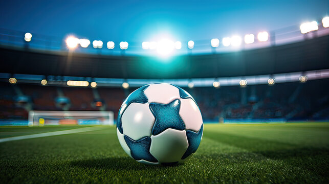 Image of football ball with stadium background and lighting 