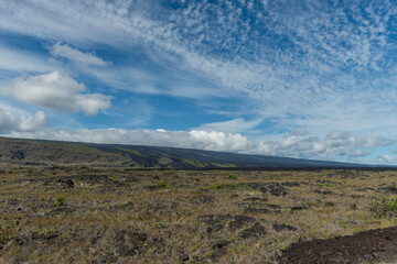 Scenic panoramic vista of the coastal area at the Volcanoes National Park on the Big Island of Hawaii