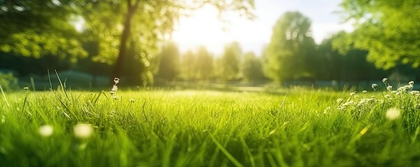 Morning dew on meadow. Picturesque scene unfolds in early hours of day sun casts golden glow over lush green meadow. Nature awakens and grass sparkles with morning dew glistening