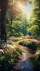 A panoramic view of the forest in spring. Forest in the morning at sunrise