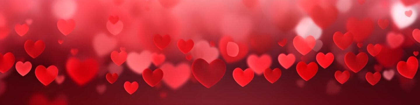 Valentines Day Background Banner - Abstract Panorama Background With Red Hearts - Concept Love.