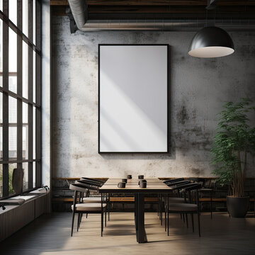 mock up poster frame in industrial interior background, coffee shop, industrial style, 3D render