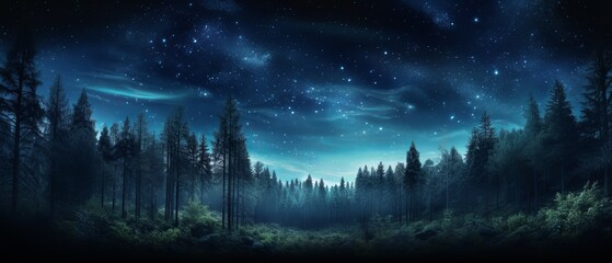 Night sky over the forest. A panoramic view of the forest under the starry night sky - obrazy, fototapety, plakaty