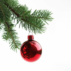 Single Red Christmas glass ball hanging from a pine branch, isolated on white. Made with generative ai