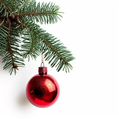 Single Red Christmas glass ball hanging from a pine branch, isolated on white. Made with generative ai