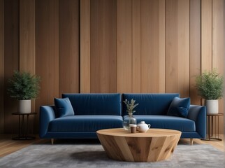 Vivid blue velvet sofa and stump coffee table. Interior design of modern living room