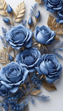 Close up of decorative blue rose flower and petals isolated on white table background. floral frame. Greeting card design for wedding, birthday, valentine etc.