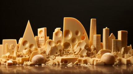 Cheese in the shape of a miniature city. Cheese urbanism. - obrazy, fototapety, plakaty