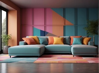 fullcolor ibrant sofa in room with abstract geometric shapes. Postmodern memphis style interior