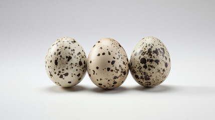 Group of three fresh quail perlapine eggs on white background