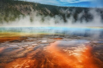 Yellowstone park hot colorful springs. Thermal rainbow colored geyser pool. Generate ai