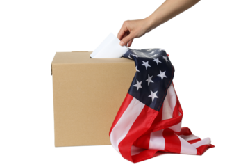PNG, Box, voting paper in hand and american flag, isolated on white background