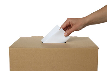 PNG, Box with voting paper and hand, isolated on white background, close up