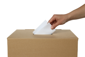 PNG, Box with voting paper and hand, isolated on white background, close up