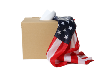 PNG, Box with voting paper and american flag, isolated on white background