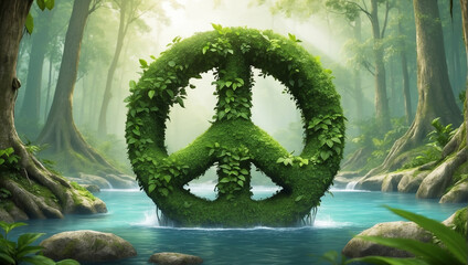 A green peace sign stands in the water in the middle of the forest. Pacifist