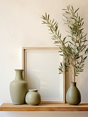 Textured beautiful vase, pot with olive tree branches on a wooden shelf. Monotone wall background with copy space, blank, frame. Mediterranean interior inspiration.