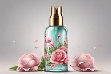 Obraz na płótnie Canvas Captivate with realistic 3D perfume container. Deodorant adorned with flowers for branding, advertising. Embrace fragrance, femininity in this scent-themed ad.