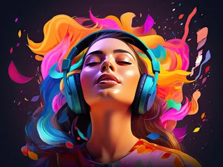 Rolgordijnen girl in headphones listening music. fantasy graffiti illustration. watercolor painting, in the style of stencil and spray paint, © Svetlana