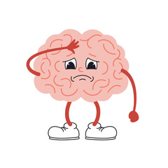 Vector illustration of brain character. Tired brain. Organ central nervous system is sad.