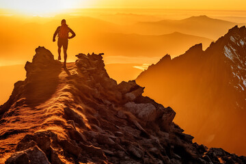 A mountain trail runner ascending towards a breathtaking summit at sunrise