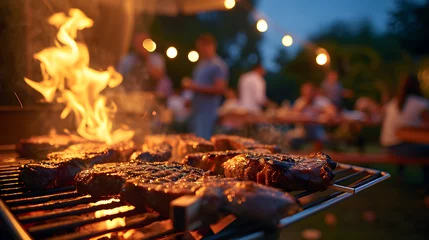 Foto op Plexiglas Barbecue party with people in the background, grilled steak, grilled meat, fire, summer party, barbecue in the garden, people having fun, family and friends, bbq © john
