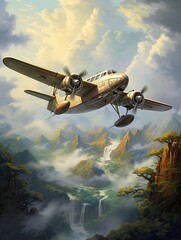 Naklejka premium Vintage Adventure: Aviation Artwork Showcasing Sky Trails and Timeless Planes