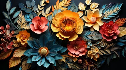 Decorative various flowers on a dark background in 3D art style. Floral pattern with dominance of orange and blue colors.