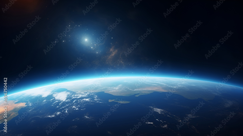 Wall mural surface of planet earth with oceans in deep space with galaxies of stars in the background. close-up