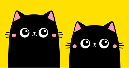 Cute cat set. Sad, smiling black kitten head face. Pink ears, cheeks. Kawaii cartoon funny baby character. Notebook sticker print template. Happy Halloween. Flat design. Yellow background