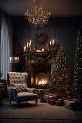 Fabulous christmas interior in living room with dark walls, Christmas tree, fireplace and armchair