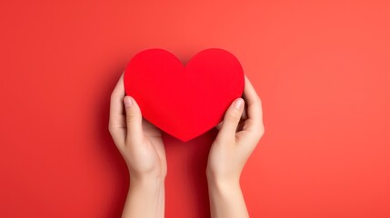 Hand Holding Red Heart Paper On A Red Background.