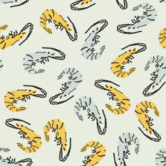 Seamless pattern, background, wrapping paper, illustration, postcard, print with shrimps in vector. Pixel art