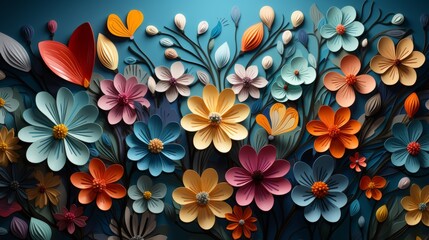 Decorative various flowers on a dark background in 3D art style. Floral pattern with dominance of orange and blue colors. - obrazy, fototapety, plakaty