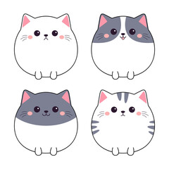 Round cat kitten, kitty with paws. Icon set. Different emotions, colors. Cute face. Cartoon kawaii funny character. Contour line doodle. Paper sticker print. Flat design. White background.