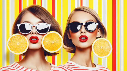 abstract composition of fruits and two girls in sunglasses on a bright yellow background