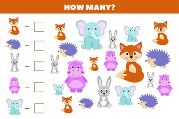 How many animals are there in the picture.Count the number of animals. Math game for children. Puzzle, educational game for children.