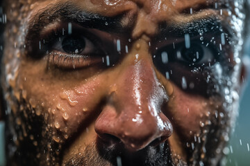 Macro shot of a water droplet rolling off an athlete's face