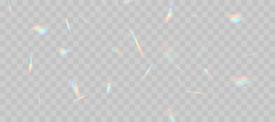 Blurred rainbow refraction overlay effect. Light lens prism effect on transparent background. Holographic reflection, crystal flare leak shadow overlay. Vector abstract illustration. - obrazy, fototapety, plakaty